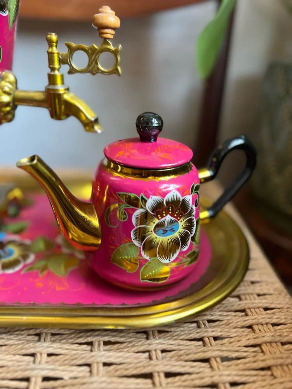 Vintage Soviet Samovar Tea Set 1991 Pink Floral Enamel Brass USSR Kitsch Decor